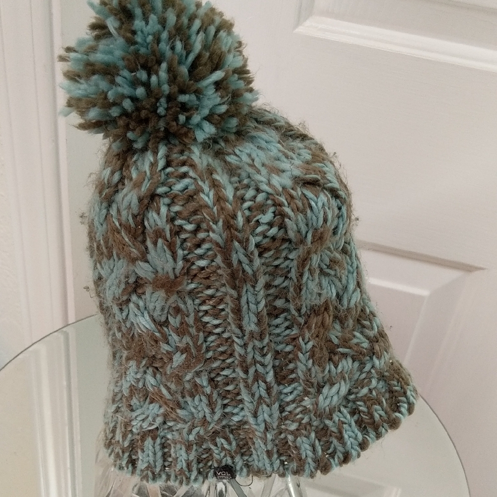 Volcom Blue and Brown Knit Pom-Pom Hat